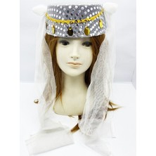 Beyaz Duvaklı Altın Pul Işlemeli Kına Fesi Kına Şapkası Oryantal Şapkası