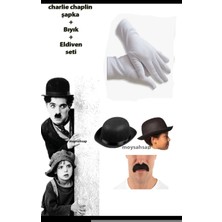 Charlie Chaplin Şapka Melon Şapka Bıyık ve Beyaz Eldiven Seti