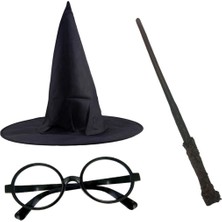 Harry Potter Siyah Şapkası Harry Potter Gözlüğü Harry Potter Asası 3 Lü Set