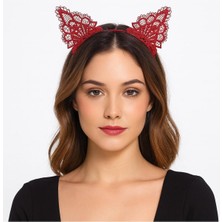 Dantelli Kırmızı Kedi Tacı - Vintage Tarz Dantel Kedi Kulak