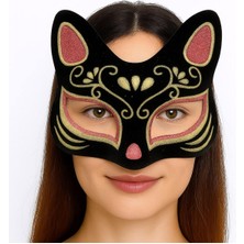 Siyah Renk Süet Kaplama Üzeri Kırmızı Sarı Simli Kedi Maskesi 17X14 cm