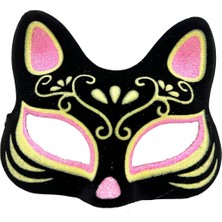 Siyah Renk Süet Kaplama Üzeri Pembe Sarı Simli Kedi Maskesi 17X14 cm