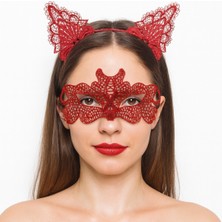Ateş Kırmızısı Dantel Taç ve Maske Seti 10 No - Maskeli Balo & Özel Gün Seti