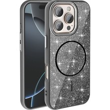 iPhone 16 Pro Max Kılıf M-Safe Şarj Özellikli Parlayan Simli Zore Okso Kılıf Siyah