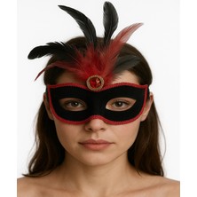 Kırmızı Dantelli Siyah Kırmızı Tüylü Siyah Süet Kaplama Parti Maskesi 17X25 cm