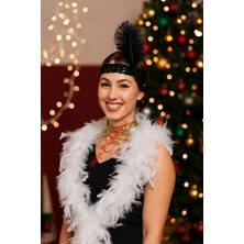 Yılbaşı Partisi Siyah Renk Çarliston Saç Bandı ve Beyaz Otriş Seti