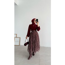 Molly Nelly Kadın Etnik Baskılı Şifon Astarlı Etek Bordo Renk Uzun Lastikli Bel Orta Kalınlık
