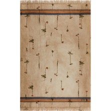 The House Of Lyria Sharpei Çizgili Çiçek Desenli Püsküllü, Italyan Tasarımı Keten Battaniye, Bej