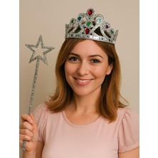 Gümüş Renk Metalize Prenses Tacı ve Metalize Prenses Yıldız Asası