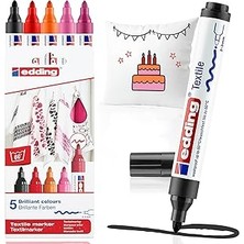 SHC4200 Edding 4500 Tekstil Kalemi - Siyah, 2x Kırmızı, Turuncu, Pembe - 5'li Set - 2-3 mm Yuvarlak Uç