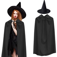 120 cm Siyah Yakalı Pelerin ve Siyah Cadı Şapkası Kostüm Seti