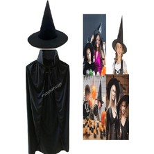 Moys-Cadılar Bayramı 120 cm Yakalı Pelerin ve Siyah Keçe Cadı Şapkası Seti