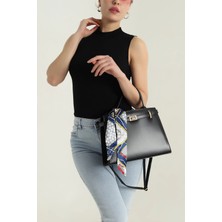 Clodi Hakiki Deri Görünümlü Kilit Kapaklı Fularlı Kadın El ve Omuz Çantası - Siyah Şık Tasarım