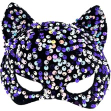 Siyah Kadife Kumaş Üzerine Mor Beyaz Payetli Pullu Parti Maskesi 16X14 cm