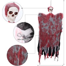 LED Işıklı Kahkaha Atan Sesli Sensörlü Ürpertici Kuru Kafa Kanlı Korku Hayalet Saçaklı Dekor 90X50 C