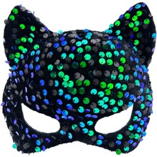 Siyah Kadife Kumaş Üzerine Mavi Yeşil Payetli Pullu Parti Maskesi 16X14 cm