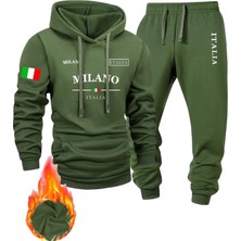 Bellanova Erkekler Moda Spor Sweatshirt Takımı, Milano Harfi ve Bayrak Baskılı Kapüşonlu ve Spor Pantolon Set