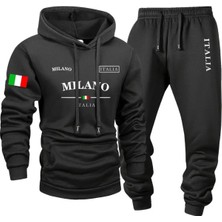 Bellanova Erkekler Moda Spor Sweatshirt Takımı, Milano Harfi ve Bayrak Baskılı Kapüşonlu ve Spor Pantolon Set