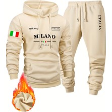 Bellanova Erkekler Moda Spor Sweatshirt Takımı, Milano Harfi ve Bayrak Baskılı Kapüşonlu ve Spor Pantolon Set