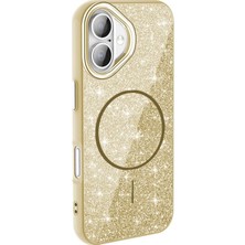 iPhone 16 Plus Kılıf M-Safe Şarj Özellikli Parlayan Simli Zore Okso Kılıf Gold
