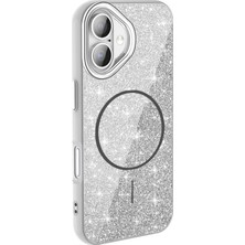 iPhone 16 Plus Kılıf M-Safe Şarj Özellikli Parlayan Simli Zore Okso Kılıf Beyaz