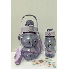 Rosemor 2'li Matara Şeffaf Ayıcık Mor 1000+400ML Çocuk Su Şişesi Pipetli Sızdırmaz Kapaklı Suluk Seti