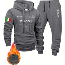 Bellanova Erkekler Moda Spor Sweatshirt Takımı, Milano Harfi ve Bayrak Baskılı Kapüşonlu ve Spor Pantolon Set