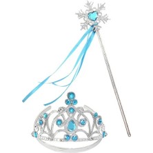 Nevamel Mavi Taşlı Elsa Çocuk Taç ve Kar Temalı Kurdeleli Elsa Asası Sopası