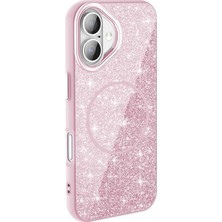 iPhone 16 Plus Kılıf M-Safe Şarj Özellikli Parlayan Simli Zore Okso Kılıf Pembe