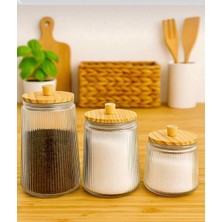 Kitchen Pembelia 3’lü Bambu Vakum Kapaklı Cam Kavanoz Seti Çay Şeker Tuz Kavanoz Takımı