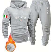 Bellanova Erkekler Moda Spor Sweatshirt Takımı, Milano Harfi ve Bayrak Baskılı Kapüşonlu ve Spor Pantolon Set