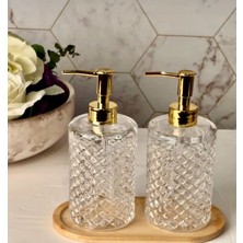 Kitchen Pembelia Bambu Standlı 2’li Gold Başlıklı Kristal Cam Sabunluk Set