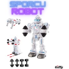 Giffy Oyuncak Interaktif Pilli Robot Işıklı Müzikli Sesli Dans Eden Sporcu Robot Full Fonksiyon Şınav Çekebilen Spor Hareketleri Yapabilen (Beyaz)