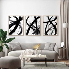 Pam Studio Soyut Modern Poster Seti 3’lü | Siyah Beyaz Abstract Fırça Desenli Duvar Tablosu |