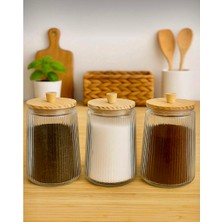 Kitchen Pembelia 3’lü Bambu Cakum Kapaklı Cam 1800 cc Çay Şeker Kahve Tuz Kavanoz Seti Bakliyat Kavanozu