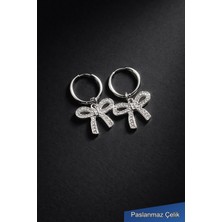 Trend Collection Gümüş Renk Taşlı Fiyonk Çelik Halka Küpe