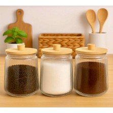 Kitchen Pembelia 3’lü Bambu Vakum Kapaklı 1300 cc Çay Şeker Kahve Tuz Saklama Kavanozu Bakliyat Kavanoz Seti