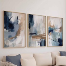Pam Studio Mavi Soyut Modern 3’lü Poster Seti – Bej Lacivert Duvar Tablosu