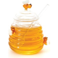 Mien Cam Bal Kavanozu – Arı Figürlü Kapaklı ve Kaşıklı Şık Bal Kavanozu