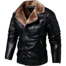 Belirtilmemiş Hakiki Koyun Derisi Motorcu Ceket, Siyah, Kahverengi Kürklü Yaka, Fermuarlı, Rüzgar Geçirmez, Suya Dayanıklı, Sonbahar-Kış