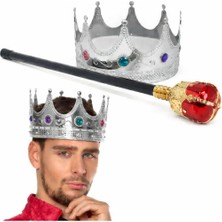 Fredeom Store Gümüş Kral Tacı Kraliyet Tacı 60 cm ve Kırmızı Topuzlu Kral Asası Seti