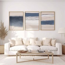 Pam Studio Modern Bej Lacivert 3’lü Tablo Seti - Soyut Çizgisel Poster Dekoru Oturma Odası Için