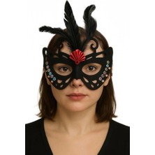 Nevamel Siyah Renk Siyah Süet Kaplama Tüylü Kelebek Figür Parti Maskesi 24X18 cm