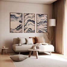 Pam Studio Bej Lacivert Dalgasal Soyut 3’lü Poster Seti - Modern Minimal Duvar Tablosu Doğal Dekorasyon
