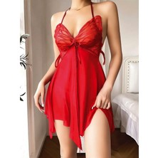 Aria's Closet Arias Closet Göğüs Kelebek Detaylı Fantezi Tül Kırmızı Gecelik
