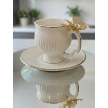 Assa Bazaar 6 Kişilik Gold Kelebek Detaylı Porselen Kahve Fincanı & Tabak Seti – Lüks Türk Kahvesi Sunumu