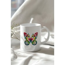 Sevimli Kelebek Desenli 330ML Baskılı Beyaz Seramik Kupa Bardak