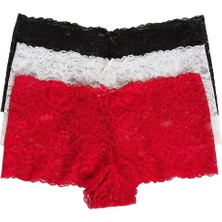 Intive Lingerie Kadın Siyah Beyaz Kırmızı 3'lü Paket Dantel Tanga Şort Külot