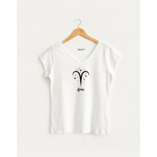 Kidilia Koç Burcu Tasarımlı Kadın V Yaka %100 Pamuklu T-Shirt