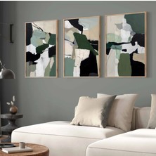 Pam Studio Yeşil Siyah Bej Soyut 3’lü Tablo Seti - Modern Minimal Duvar Dekoru Salon Poster Kombini